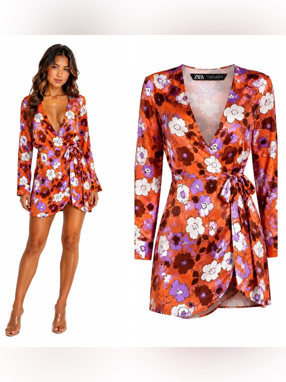 Zara Floral Satin Wrap Mini Dress – Size Large (L)